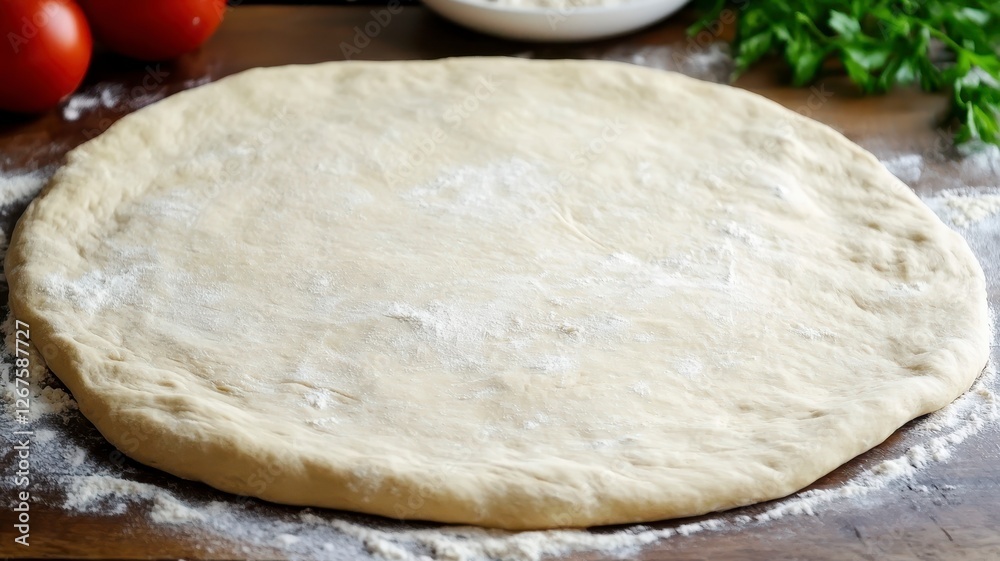 Pizza dough flour thin concept. A round, uncooked pizza dough on a floured surface, surrounded by fresh tomatoes and herbs, ready for toppings. Pizza dough flour thin concept. A round, uncooked pizza dough on a floured surface, surrounded by fresh tomatoes and herbs, ready for toppings.