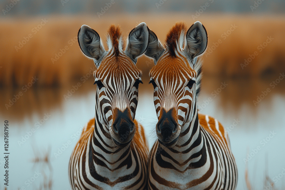 Naklejka premium Symmetrical Zebra Portraits, Twin Reflections in the African Savannah