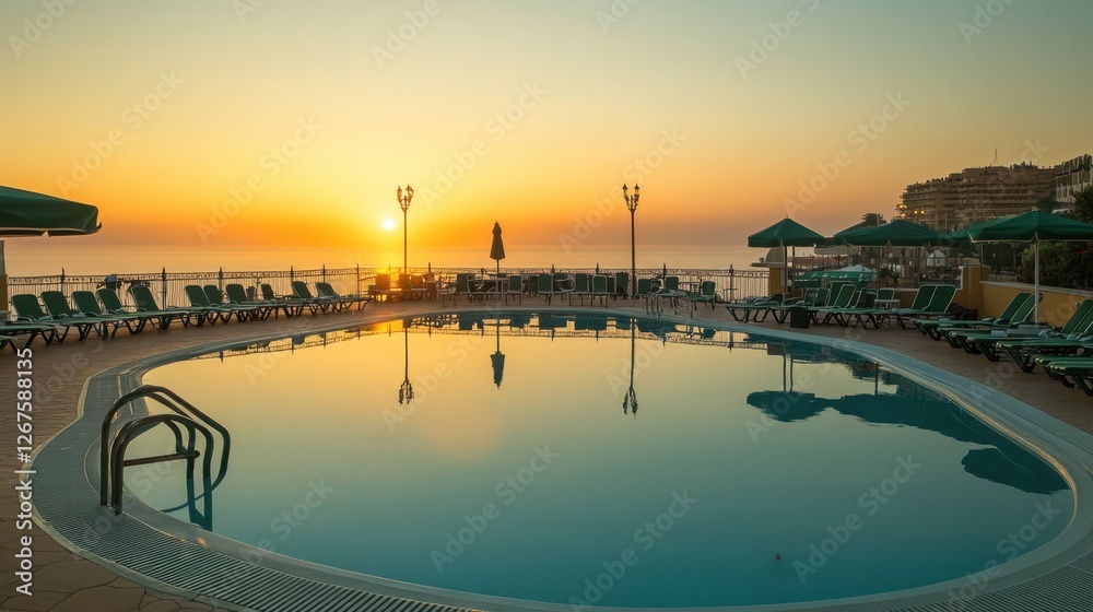Obraz premium A hotel pool at sunrise with calm, still water reflecting the soft morning light.