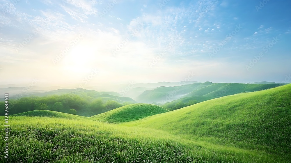 Obraz premium Serene Sunrise Over Rolling Green Hills