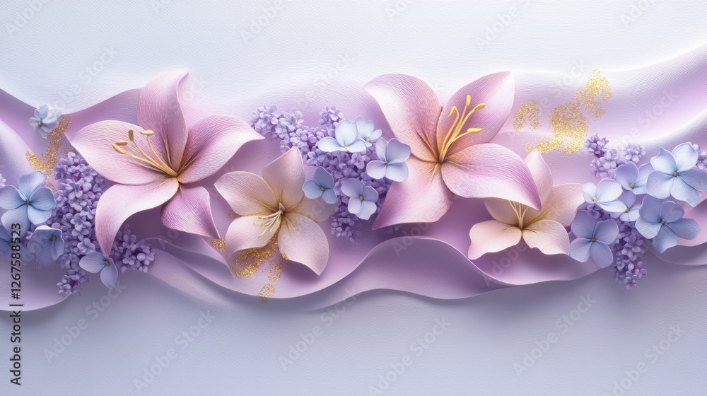 3D embossed paper-cut style floral background  with rose, lily, lavender, dahlia, daisy