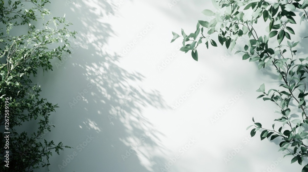 Obraz premium Sunlight dappled wall, leafy branches, nature backdrop