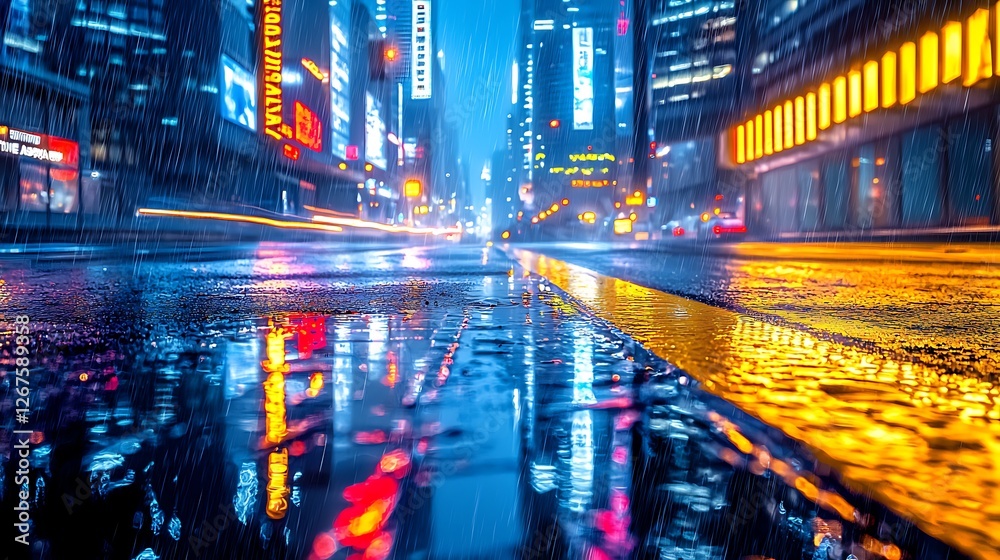 Fototapeta premium Rainy Night City Street Reflection, Traffic Blur