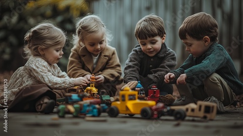 Four children happily playing with colorful toys. Their joy and teamwork are evident. These moments capture the essence of childhood. Generative AI
