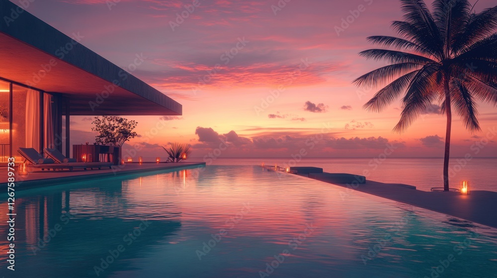 A luxurious sunset poolside setting with candles, a cocktail bar, and stunning ocean views. A luxurious sunset poolside setting with candles, a cocktail bar, and stunning ocean views.