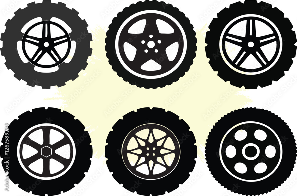 Car rims and wheels. Automobile rims silhouette, round vehicle wheel, industry pictogram. Cargo auto transport tires. Motor service and maintenance workshop poster and banner on media and web. EPS 10. Car rims and wheels. Automobile rims silhouette, round vehicle wheel, industry pictogram. Cargo auto transport tires. Motor service and maintenance workshop poster and banner on media and web. EPS 10.