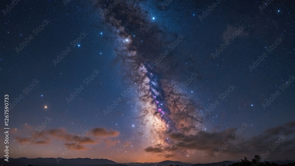 Stunning Night Sky With Milky Way Galaxy and Stars Over Mountain Landscape at Dusk Stunning Night Sky With Milky Way Galaxy and Stars Over Mountain Landscape at Dusk