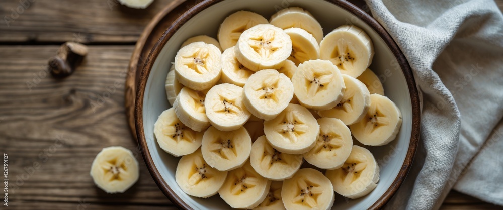 Sliced Bananas In A Bowl Displayed On Rustic Wooden Tabletop With Natural Lighting Sliced Bananas In A Bowl Displayed On Rustic Wooden Tabletop With Natural Lighting