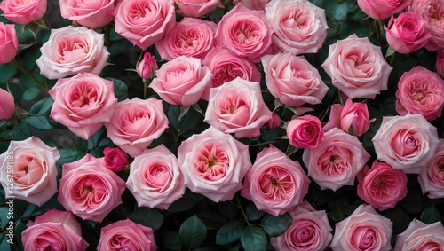 Vibrant arrangement of blooming pink roses surrounded by lush green leaves for a romantic floral background.