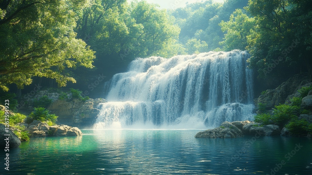 Serene waterfall cascading into a tranquil pool surrounded by lush greenery in a sunlit forest. Serene waterfall cascading into a tranquil pool surrounded by lush greenery in a sunlit forest.