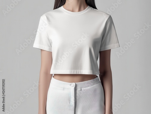 Women crop t-shirt mockup. A woman wears a stylish white cropped t-shirt paired with a patterned skirt, showcasing a modern, minimalistic fashion look.