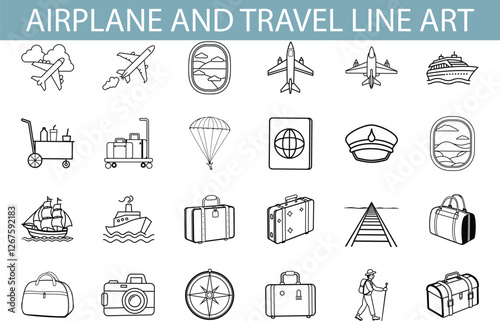 Airplane Travel Line Art Icons Flights, Luggage, and Cruise Ships