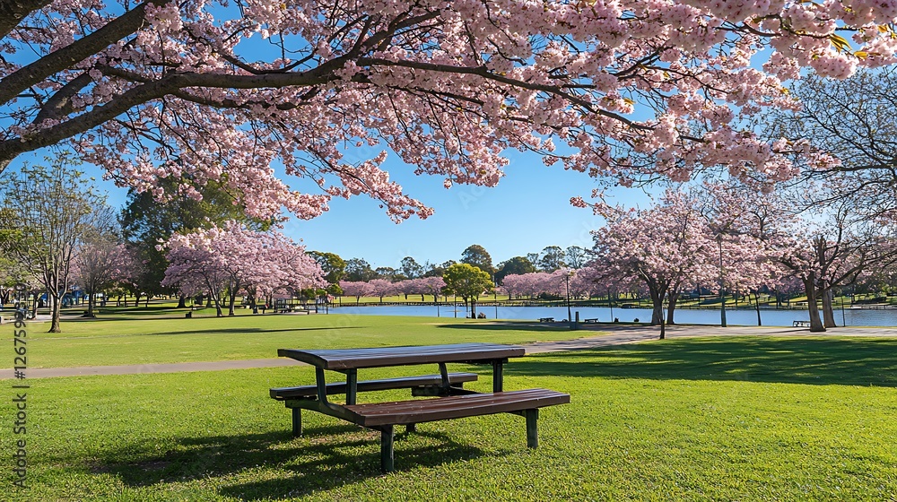 Park Picnic Table Under Cherry Blossom Trees Park Picnic Table Under Cherry Blossom Trees