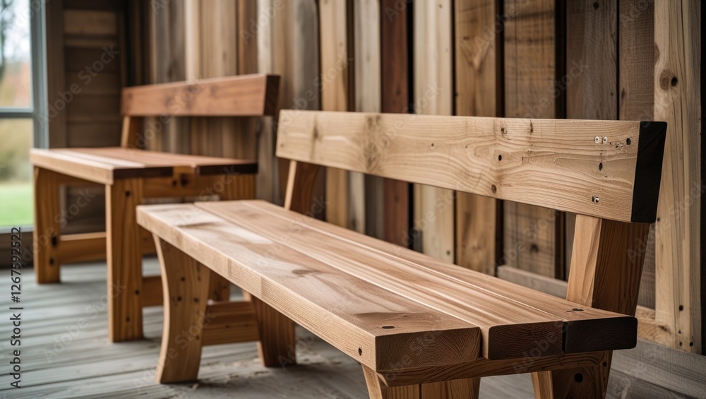 Wooden benches in a rustic interior setting against a backdrop of wooden walls with natural grain textures and colors. Copy Space Wooden benches in a rustic interior setting against a backdrop of wooden walls with natural grain textures and colors. Copy Space