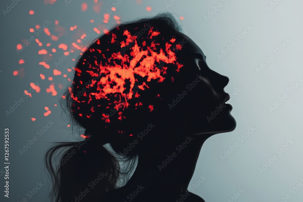 Silhouette of woman with abstract brain pattern in red particles Silhouette of woman with abstract brain pattern in red particles