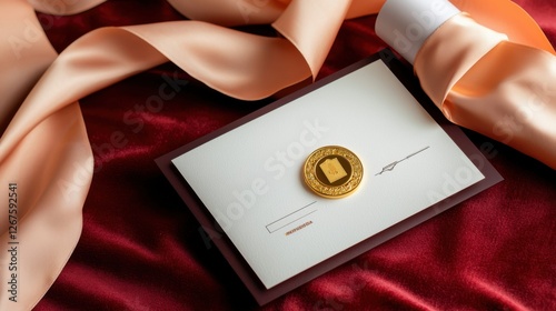 A prestigious diploma with a golden honor medal placed on deep red velvet fabric, glowing ambient light emphasizing the achievement