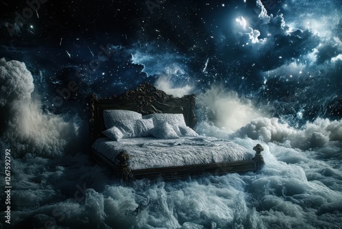 Dreamy bed floating in a surreal cloudscape under a starry night sky photo