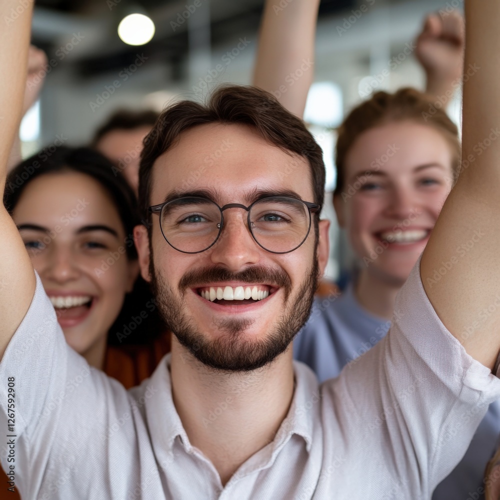 happy Group of People Cheering with Arms Raised happy Group of People Cheering with Arms Raised