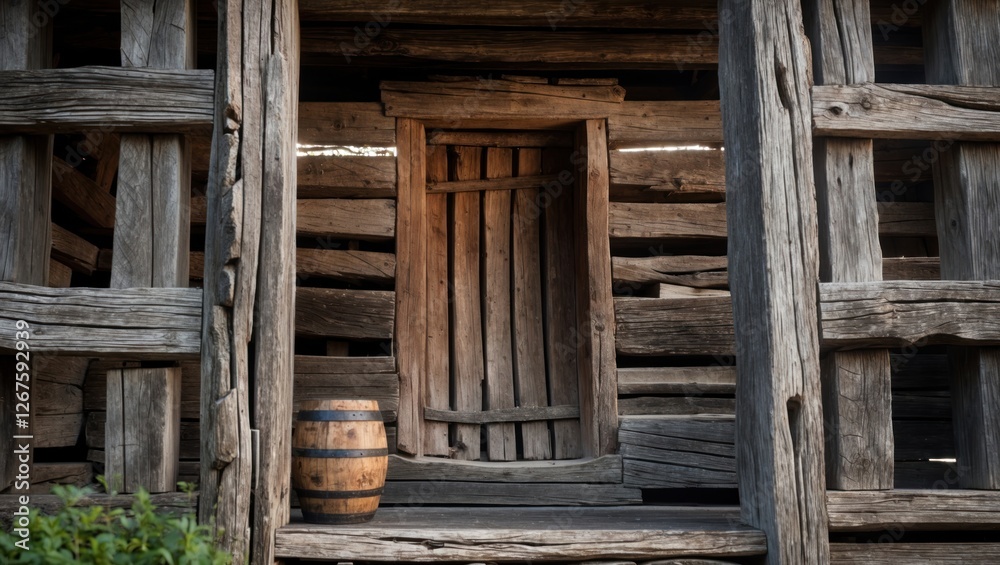 Naklejka premium Rustic wooden door and barrel in an old weathered wooden structure with copy space for text placement