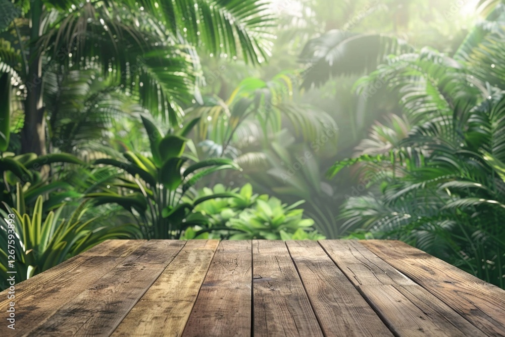 3D wooden table with a tropical forest or garden background for product placement 3D wooden table with a tropical forest or garden background for product placement