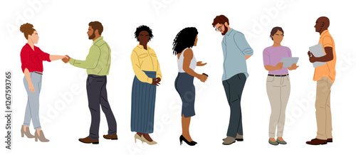 Different business team members standing, talking, greeting, shaking hands, taking part in business activities, meeting, brainstorming, coffee break. Multiracial people vector illustrations isolated.