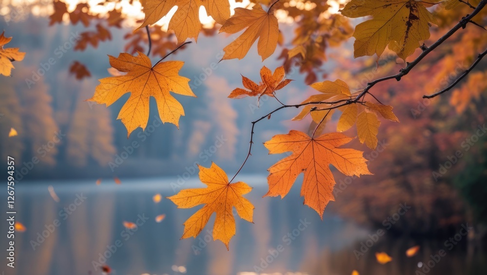 Serene autumn landscape featuring vibrant orange leaves reflecting on a tranquil lake surrounded by colorful trees and soft natural light Serene autumn landscape featuring vibrant orange leaves reflecting on a tranquil lake surrounded by colorful trees and soft natural light