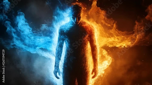 Ethereal figure with blue and orange flames representing duality in vibrant cosmic space environment