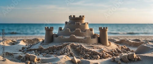 Sand Castle on Serene Beach with Ocean Horizon and Soft Sunset Light Ideal for Summer Vacation Advertising and Promotional Material