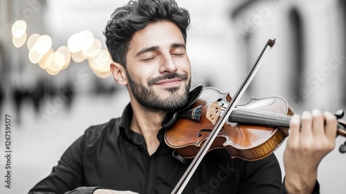 Close up of a street musician playing the violin, eyes closed, feeling the music, city lights glowing softly behind him photo