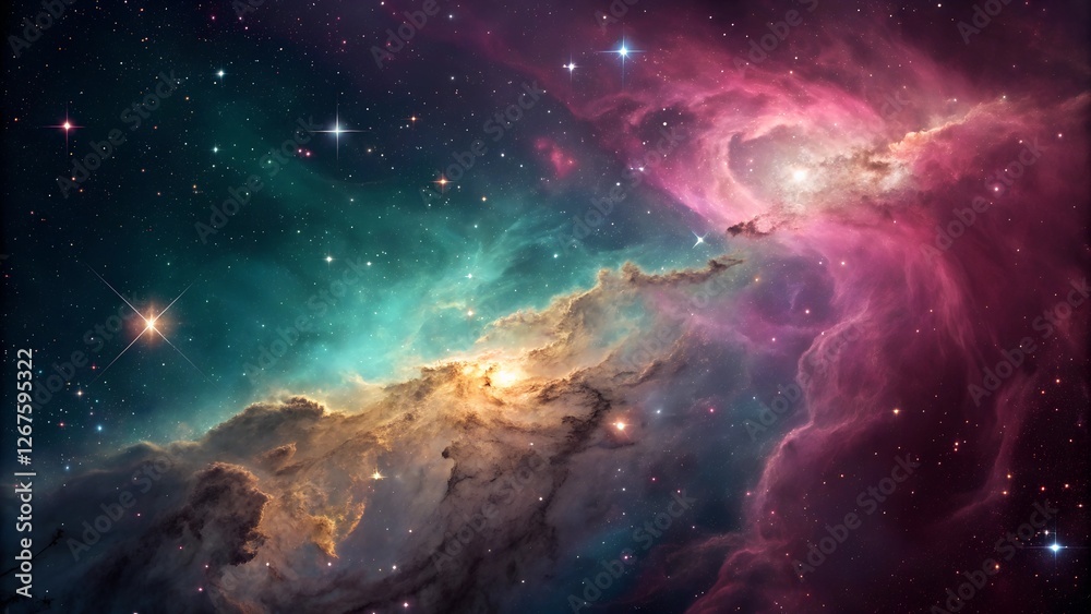 Obraz premium A high-resolution cosmic background depicting a vibrant nebula with swirling clouds of gas and dust in vivid hues of magenta, teal, and gold