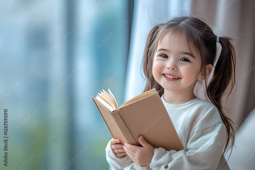 Smiling caucasian girl reading a book by the window Smiling caucasian girl reading a book by the window