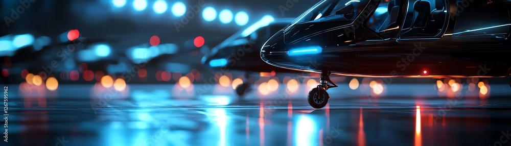 Close-up view of modern helicopters on an illuminated airstrip, showcasing advanced design and dynamic lighting at twilight. Close-up view of modern helicopters on an illuminated airstrip, showcasing advanced design and dynamic lighting at twilight.