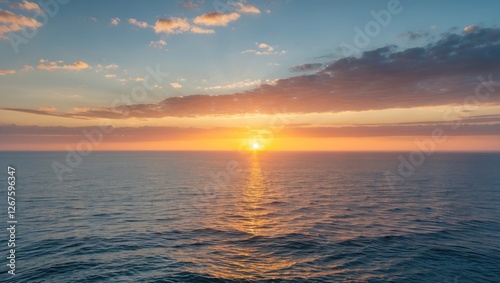 Calm ocean landscape with sunset horizon and colorful clouds reflecting on water surface Copy Space