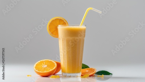 Refreshing Orange Juice Smoothie Served In A Clear Glass With Straw Garnished With Citrus Slice Isolated On Light Background