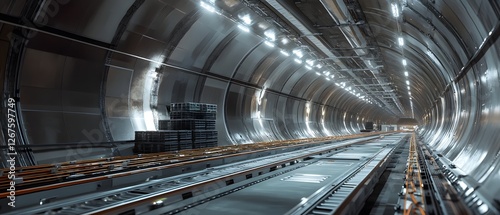 A dark, modern tunnel illuminated by overhead lights, showcasing clean lines and metallic surfaces