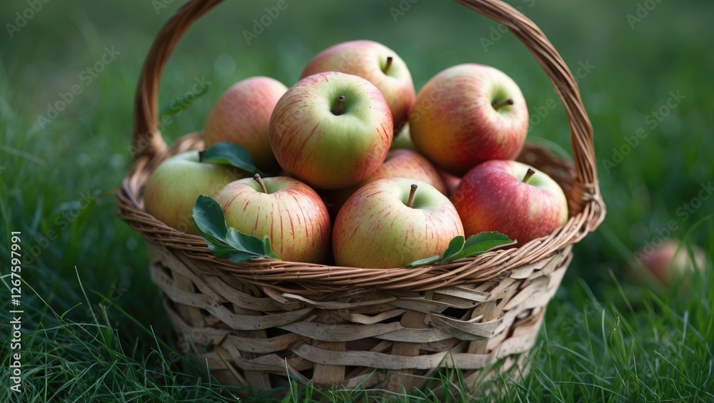 Bountiful Basket of Fresh Apples Nestled on Lush Green Grass Perfect for Seasonal Promotions and Text Overlay Bountiful Basket of Fresh Apples Nestled on Lush Green Grass Perfect for Seasonal Promotions and Text Overlay