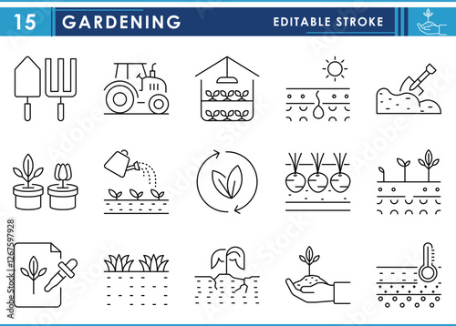 A set of line icons related to Gardening. Garden, farm, soil, harvest, tools, sow, dig, and so on. Vector editable stroke.