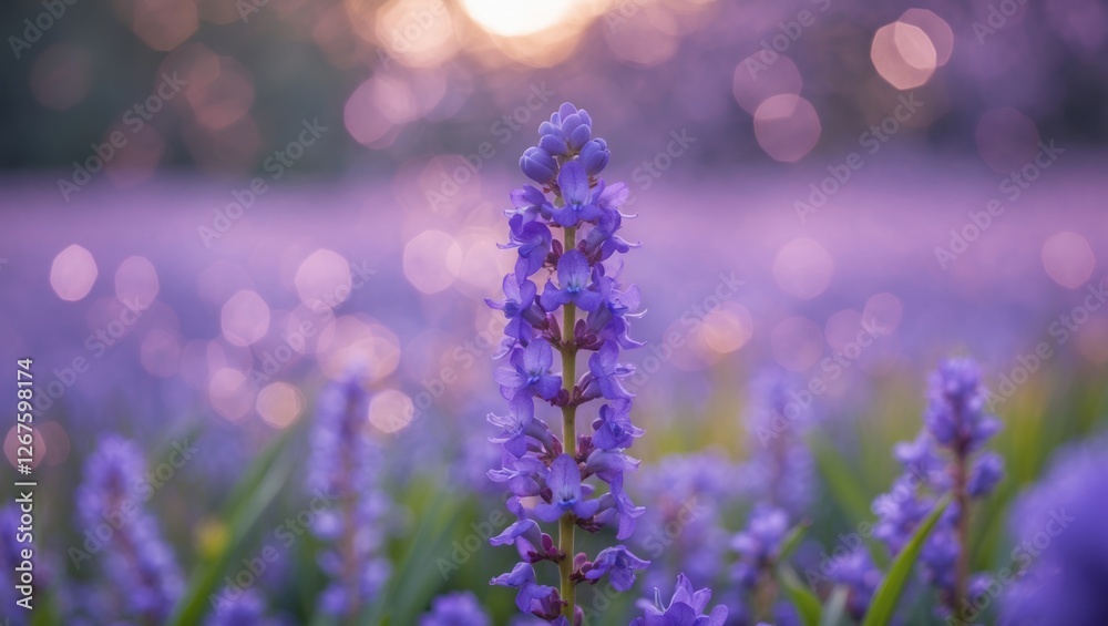 Purple flower in a field with bokeh background and soft sunlight creating a dreamy atmosphere with copy space Purple flower in a field with bokeh background and soft sunlight creating a dreamy atmosphere with copy space