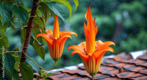 Orange trumpet flowers, Pyrostegia venusta, bloom vibrantly against a leafy background, showcasing their unique shape and color in Thailand. photo