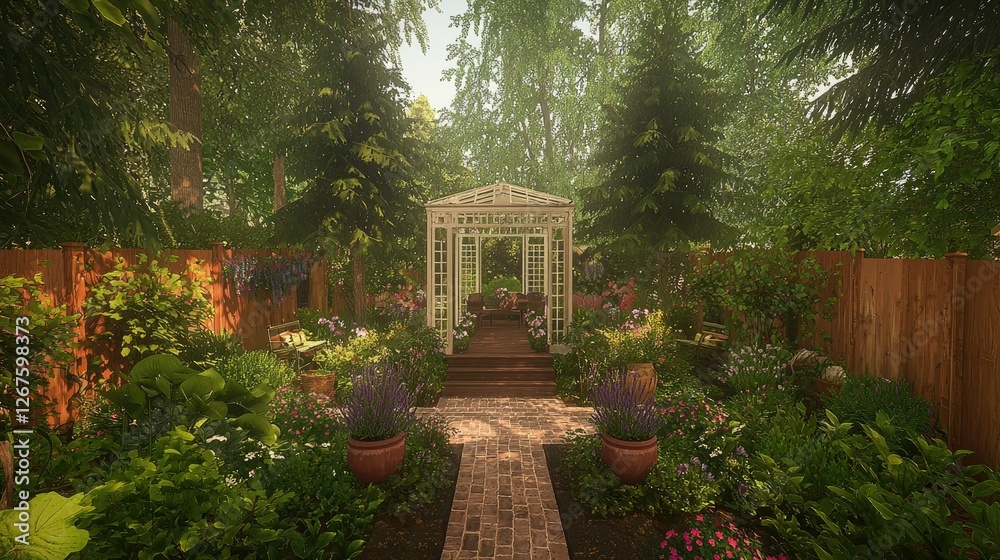 Serene Garden Oasis with White Gazebo and Brick Pathway Serene Garden Oasis with White Gazebo and Brick Pathway