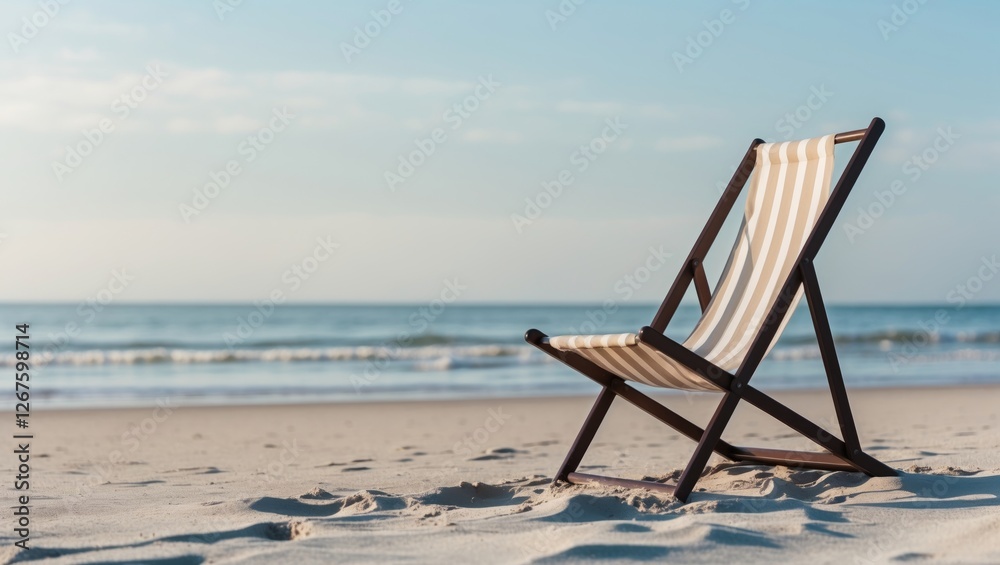 Serene Beach Chair on Sandy Shoreline with Calm Ocean Waves and Clear Blue Sky Ideal for Relaxation and Minimalist Lifestyle Themes Serene Beach Chair on Sandy Shoreline with Calm Ocean Waves and Clear Blue Sky Ideal for Relaxation and Minimalist Lifestyle Themes