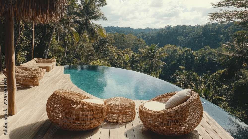 Obraz premium A relaxing poolside seating area with woven rattan furniture, a wooden deck, and a tropical view.