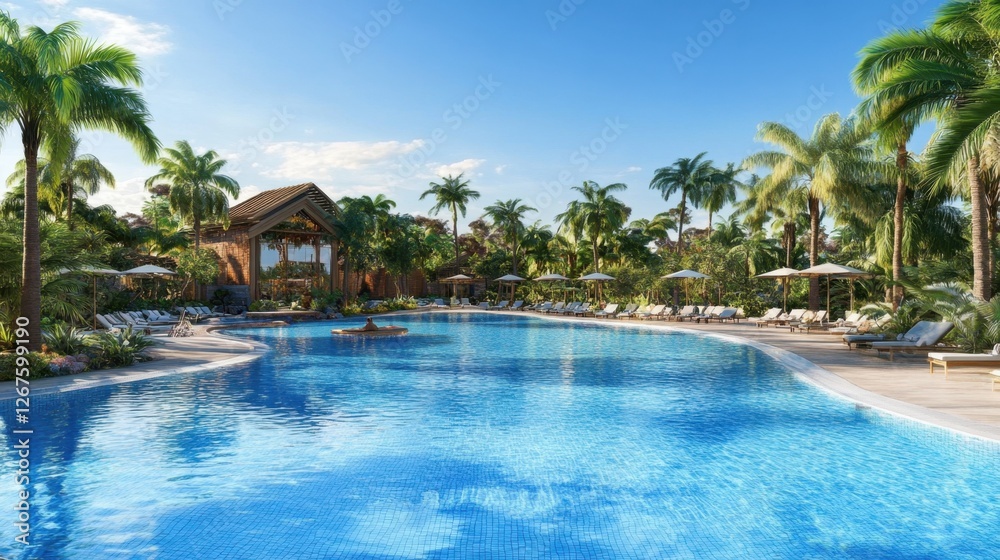 A resort-style swimming pool surrounded by palm trees, luxury cabanas, and a swim-up bar. A resort-style swimming pool surrounded by palm trees, luxury cabanas, and a swim-up bar.