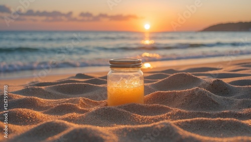 Serene Sunset Over Beach with Golden Sand and Jar on Shore Creating Tranquil Summer Atmosphere for Vacation and Relaxation Themes