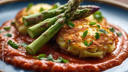 Gourmet dish featuring crispy potato cakes topped with asparagus on a vibrant red sauce, showcasing rich colors and detailed food textures. photo