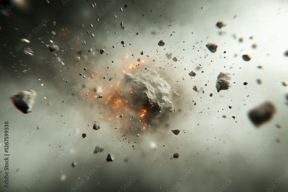 Fototapeta premium A dramatic depiction of an asteroid explosion in space, with debris and glowing fragments scattering in all directions.