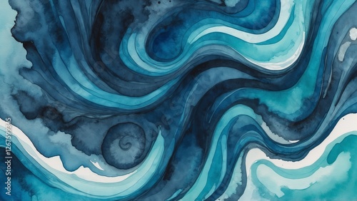 Abstract watercolor artwork featuring swirling blue and turquoise waves creating dynamic patterns