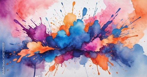 Vibrant abstract watercolor splash artwork featuring bright orange, purple, and blue colors