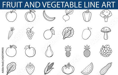 Line Art Collection Fruits, Vegetables, Healthy Eating, Produce Designs