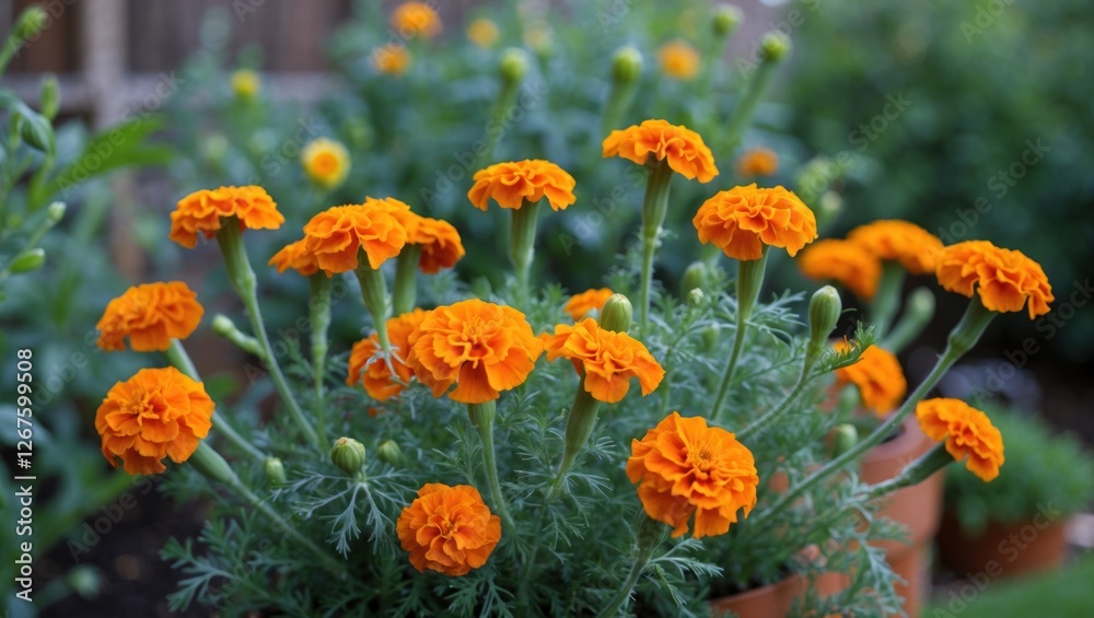 Vibrant orange marigold flowers blooming in a lush green garden setting showcasing their beauty and rich colors. Vibrant orange marigold flowers blooming in a lush green garden setting showcasing their beauty and rich colors.